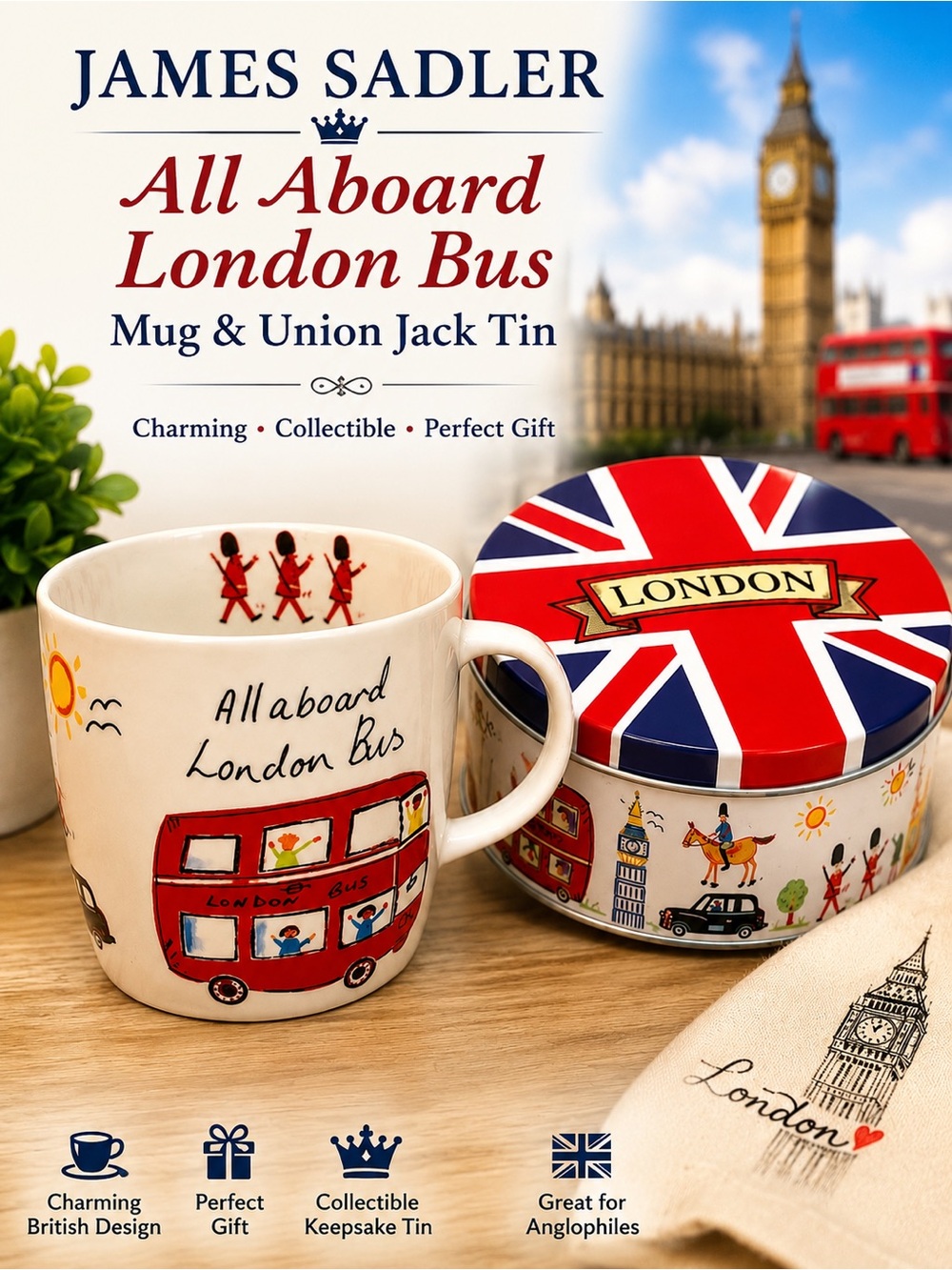 James Sadler All Aboard London Bus Mug & Union Jack Tin |
British Collectible